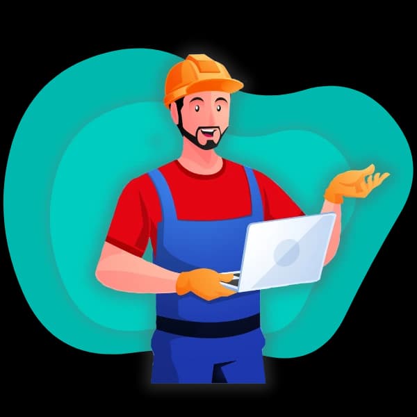Male builder in blue overalls